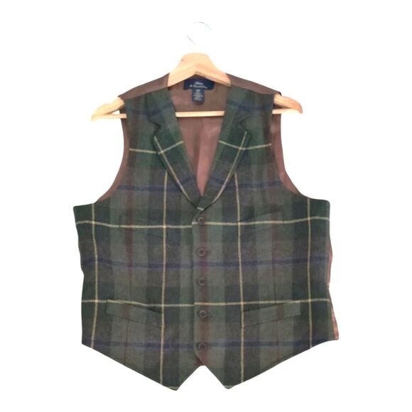 Brooks Brothers Madison 100% Lambs Wool Multicolor Green Plaid Vest Size 40R - Picture 1 of 7
